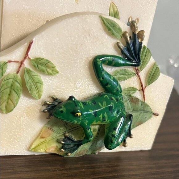 Vintage 5 Piece Handpainted Stone Frog Coaster Set Of 4 Cork Back With Stand - Picture 4 of 5